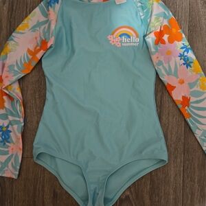 Cat & Jack Aqua Long-Sleeve One-Piece Swimsuit with Floral Sleeves